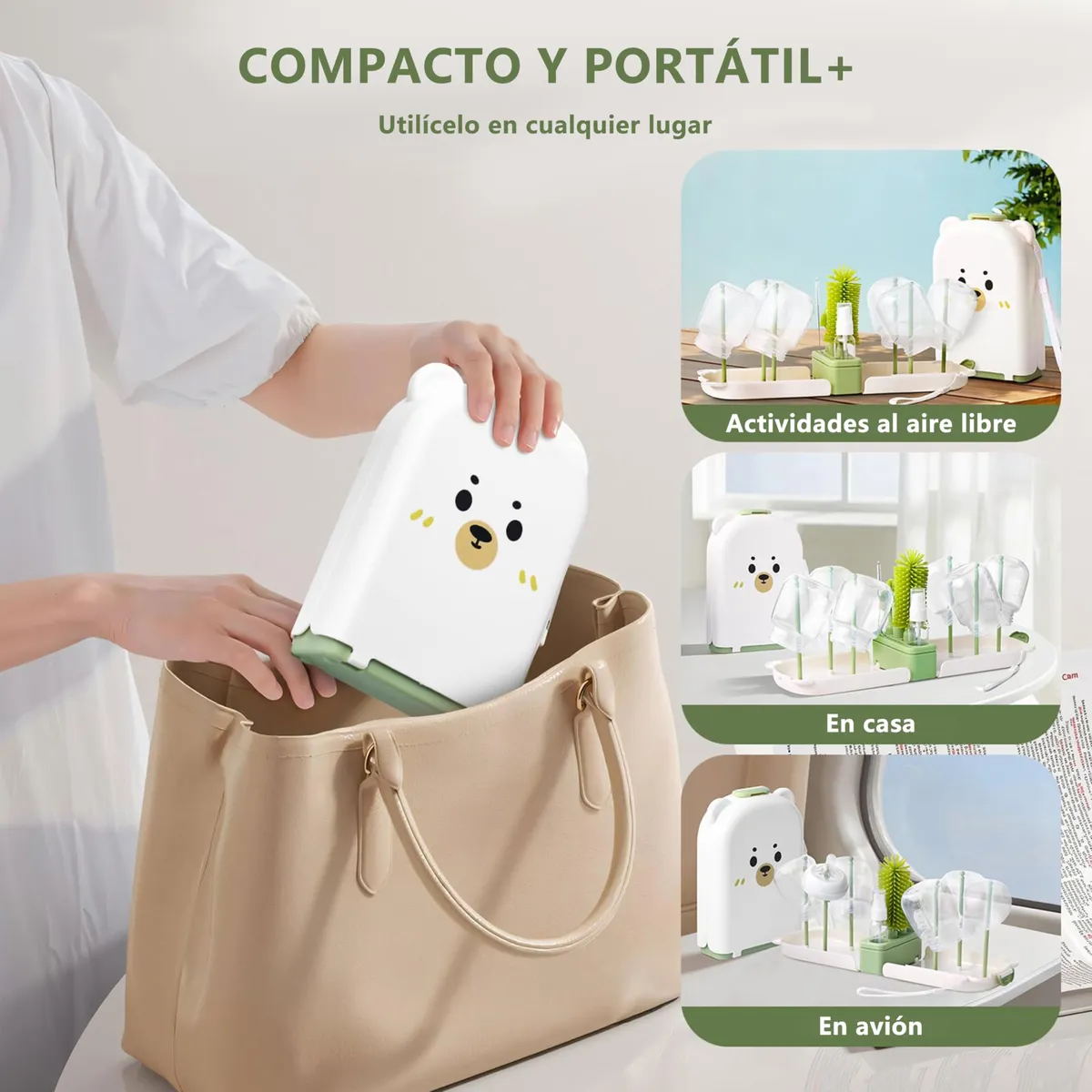 Kit de limpieza portátil para biberones en color blanco con diseño de animalito, siendo guardado en una bolsa de mano beige. Incluye cepillos de silicona y estuche compacto.