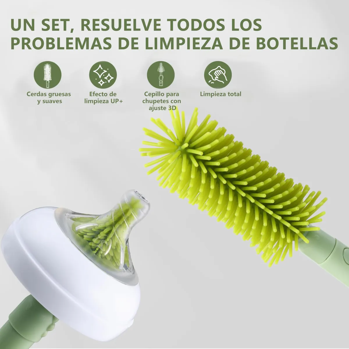 Cepillo de limpieza para biberones y chupetes con cerdas gruesas y suaves, efecto UP+ y ajuste 3D. Incluye cepillo para chupetes y brocha verde lima con mango ergonómico.