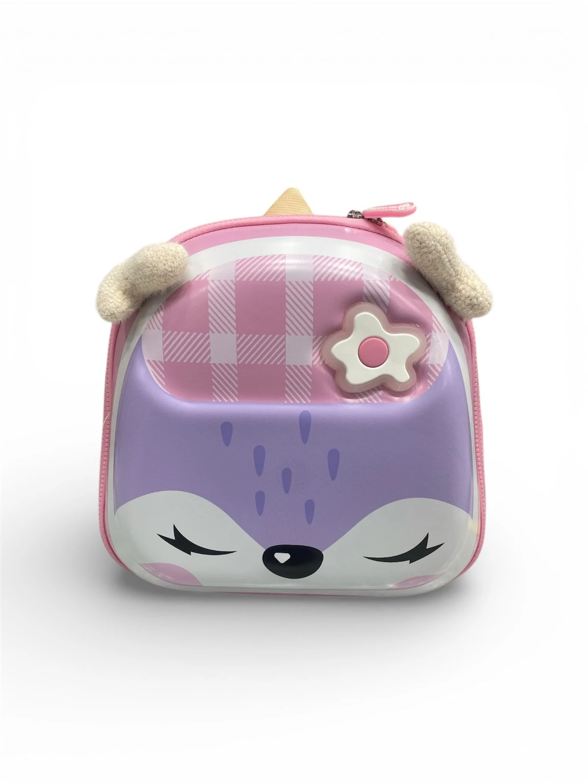 Mochila escolar infantil con diseño de zorro en relieve, colores rosa y lila, detalles en tela a cuadros y orejas de peluche.