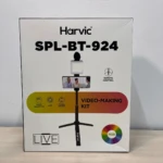 Caja del kit de video Harvic SPL-BT-924, con trípode, micrófono y luz LED RGB, ideal para grabar videos profesionales.