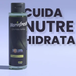 Botella de champú Morinfresh de 400 ml, con etiqueta negra y texto blanco, sobre fondo claro con palabras grandes que dicen CUIDA, NUTRE e HIDRATA.