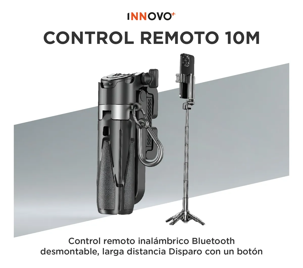 Control remoto inalámbrico Bluetooth negro, con gancho metálico y trípode desmontable de 10 metros de alcance.
