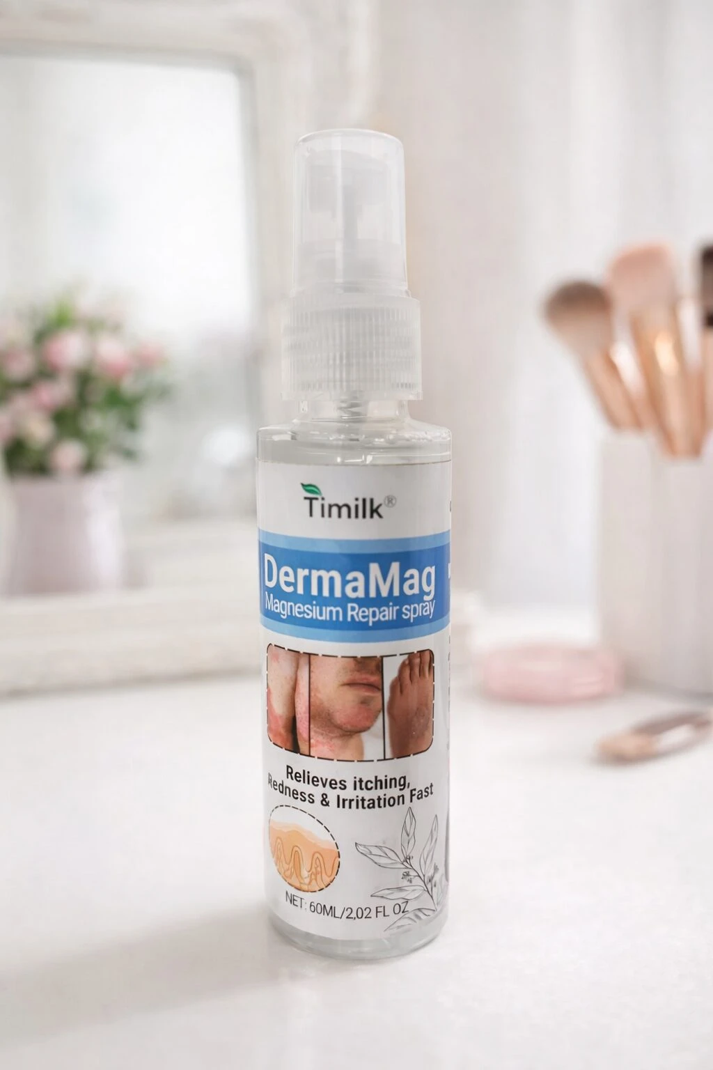 Botella transparente de spray de Dermamag, marca Timilk, con etiqueta azul y blanca que muestra imágenes de piel y texto descriptivo sobre alivio de picazón e irritación.