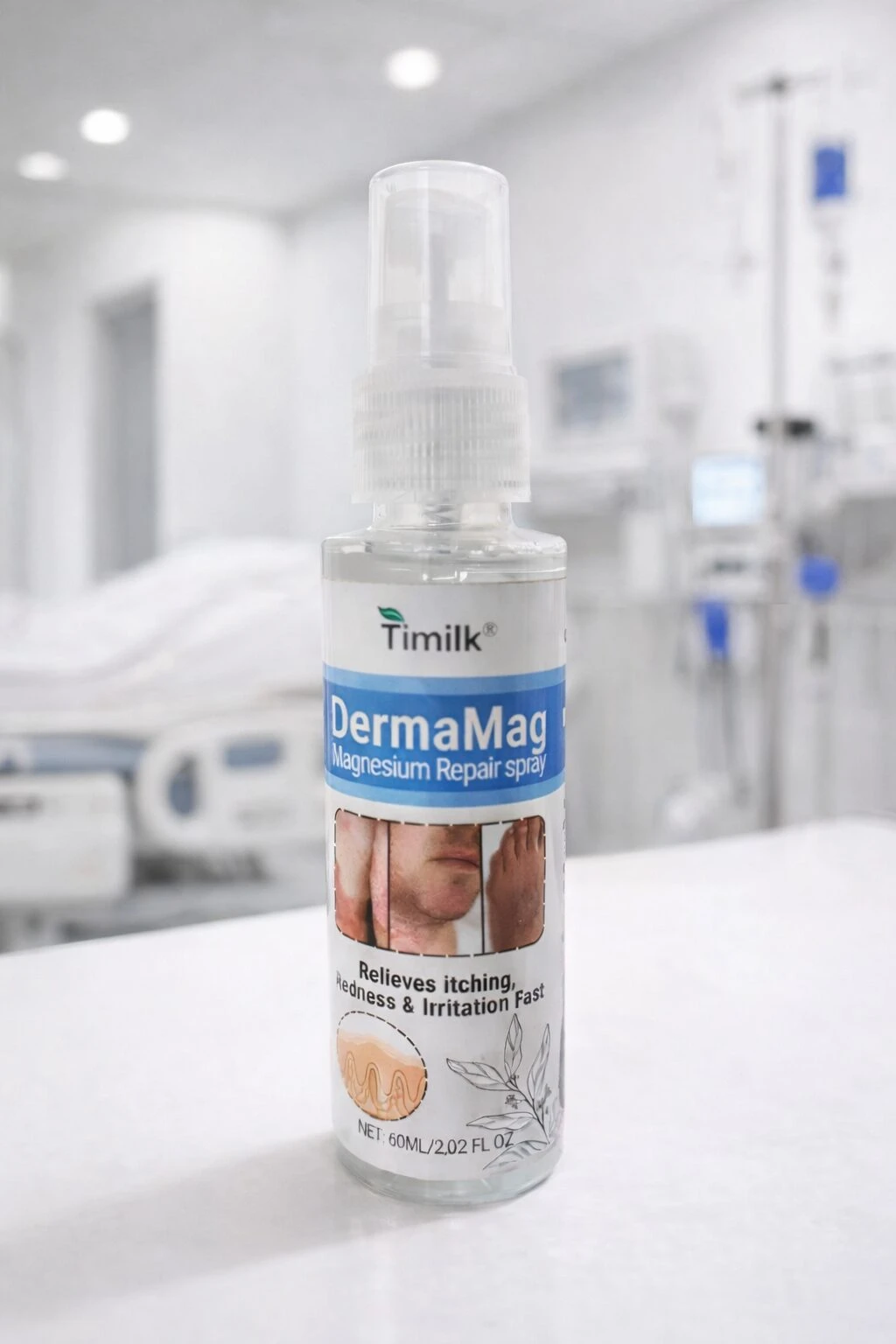 Botella de spray transparente de Dermamag, marca Timilk, con etiqueta azul y blanca. Muestra imágenes de piel irritada y texto que indica alivio para picazón, ardor e irritación. Presentación de 100 ml sobre superficie blanca, fondo clínico desenfocado.