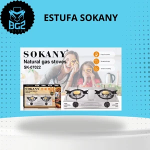Estufa de gas natural Sokany SK-07022 con doble quemador, mostrada en uso por una madre e hija, junto a su caja y detalles de funcionamiento.