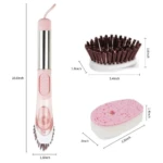 Cepillo de limpieza con mango rosa y cabezas intercambiables: pincel de cerdas oscuras (3.4x1.8 pulgadas) y esponja rosa con jabón (3.5x2 pulgadas), ideal para ollas y platos.