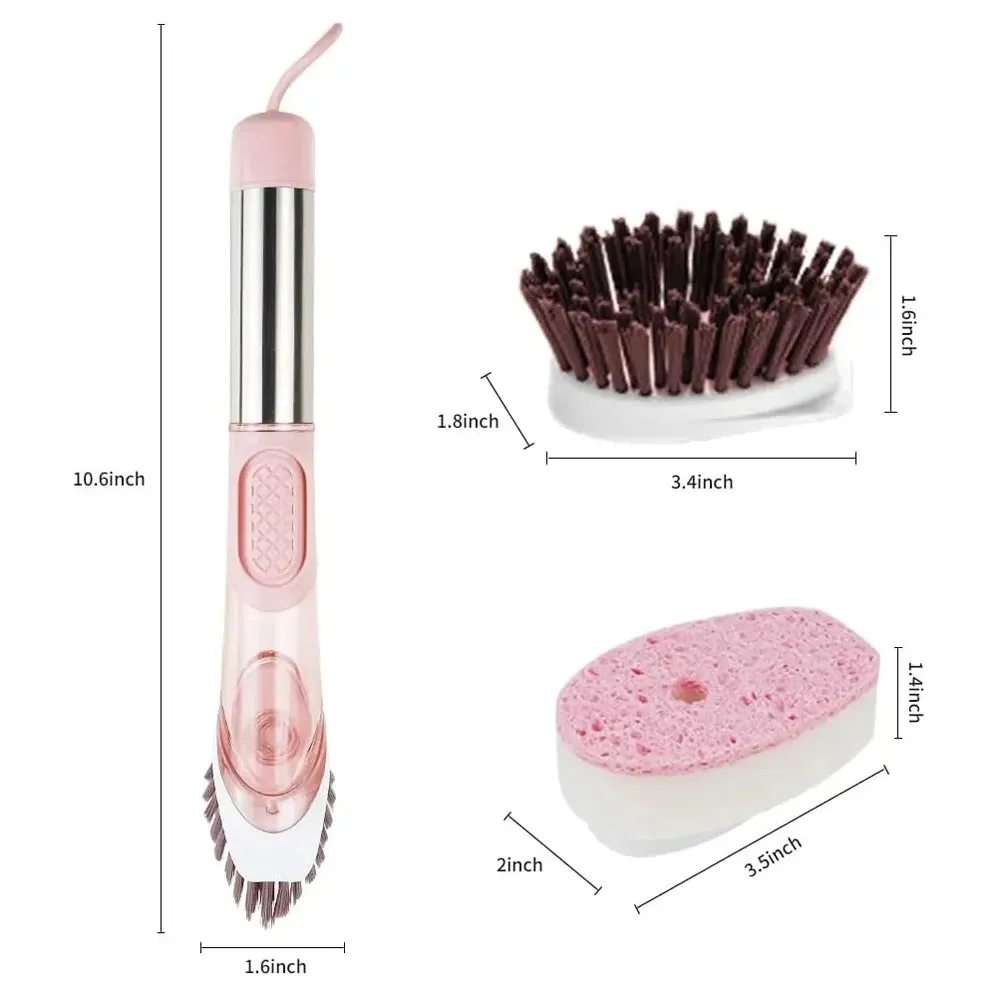 Cepillo de limpieza con mango rosa y cabezas intercambiables: pincel de cerdas oscuras (3.4x1.8 pulgadas) y esponja rosa con jabón (3.5x2 pulgadas), ideal para ollas y platos.