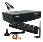 Decodificador TDT negro con antena WiFi, mando a distancia, cables HDMI y RCA, y antena externa.