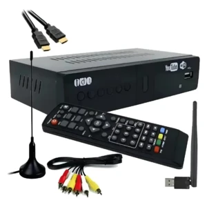 Decodificador TDT negro con antena WiFi, mando a distancia, cables HDMI y RCA, y antena externa.