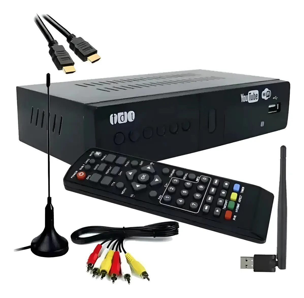 Decodificador TDT negro con antena WiFi, mando a distancia, cables HDMI y RCA, y antena externa.