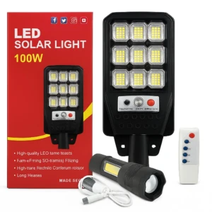 Lámpara solar LED de 100W con panel de 12 diodos, control remoto y cargador USB, mostrada junto a su caja roja.