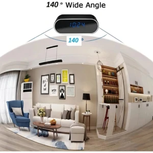 Cámara reloj espia WiFi con pantalla digital azul, ángulo de visión de 140 grados, diseño compacto negro, ideal para monitoreo discreto en interiores.