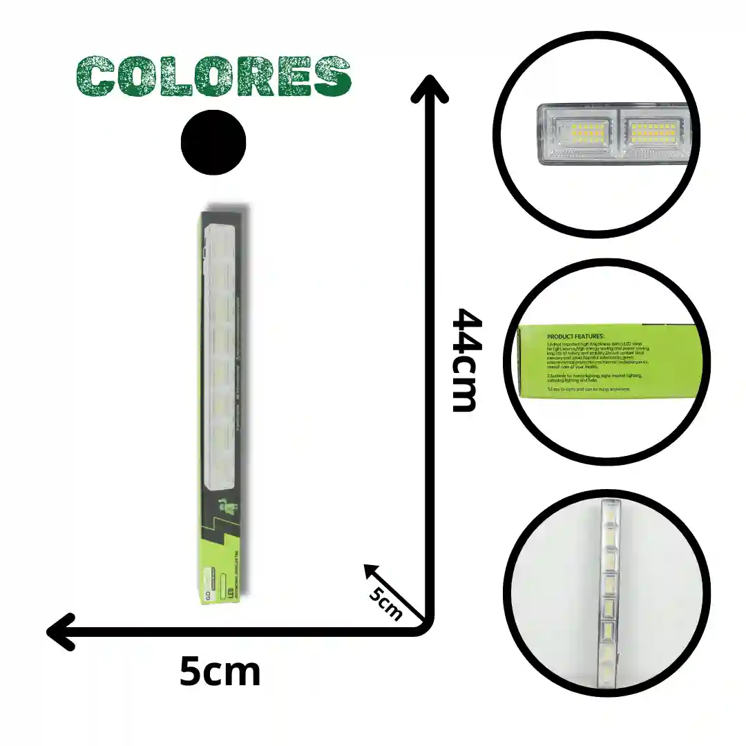 Lámpara de emergencia Power Bank Gdsuper, 44 cm de largo, 5 cm de ancho, con luz LED y panel solar; incluye vista frontal, trasera y detalles de LEDs.