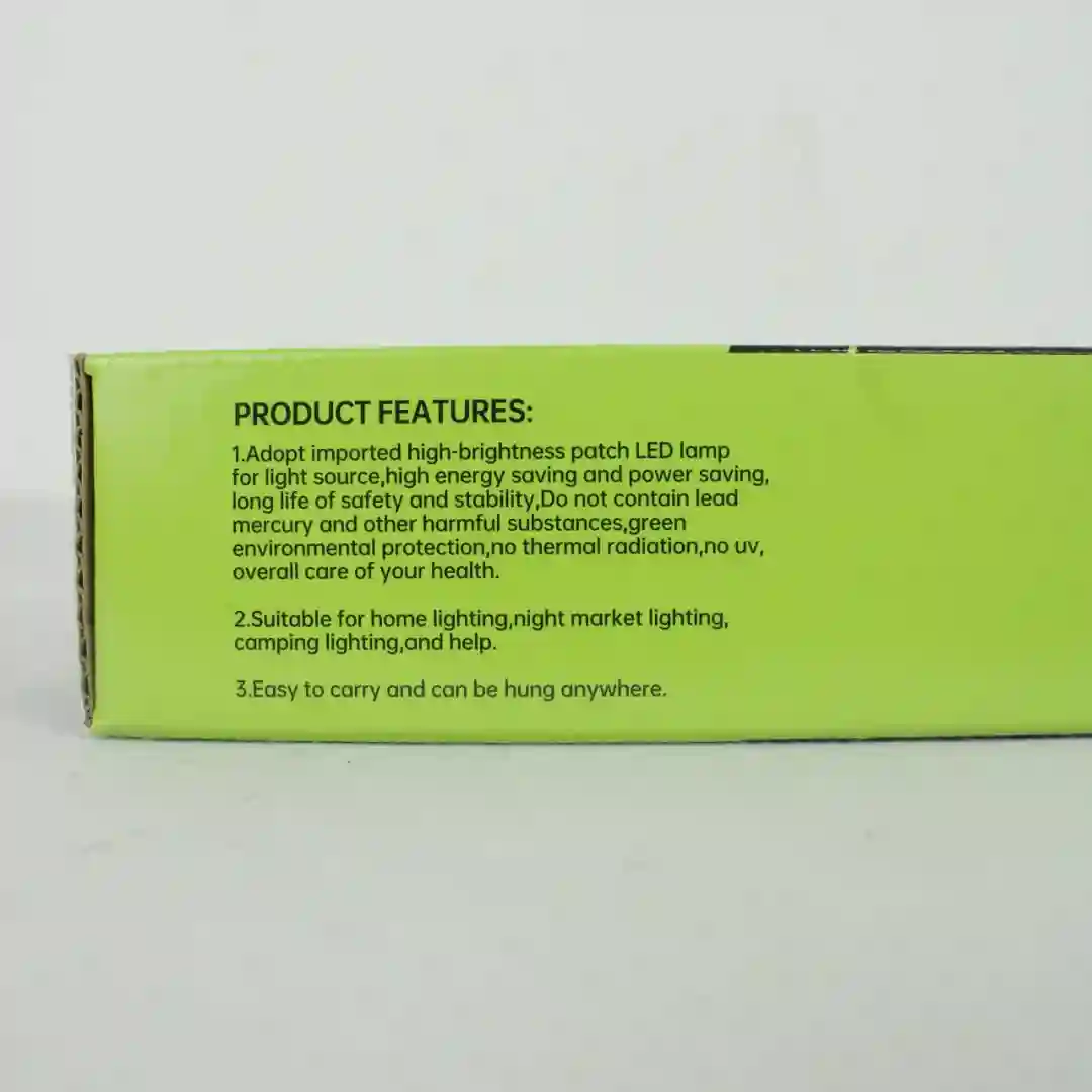 Lámpara de emergencia Power Bank Gdsuper vista lateral, caja verde con lista de características en español.