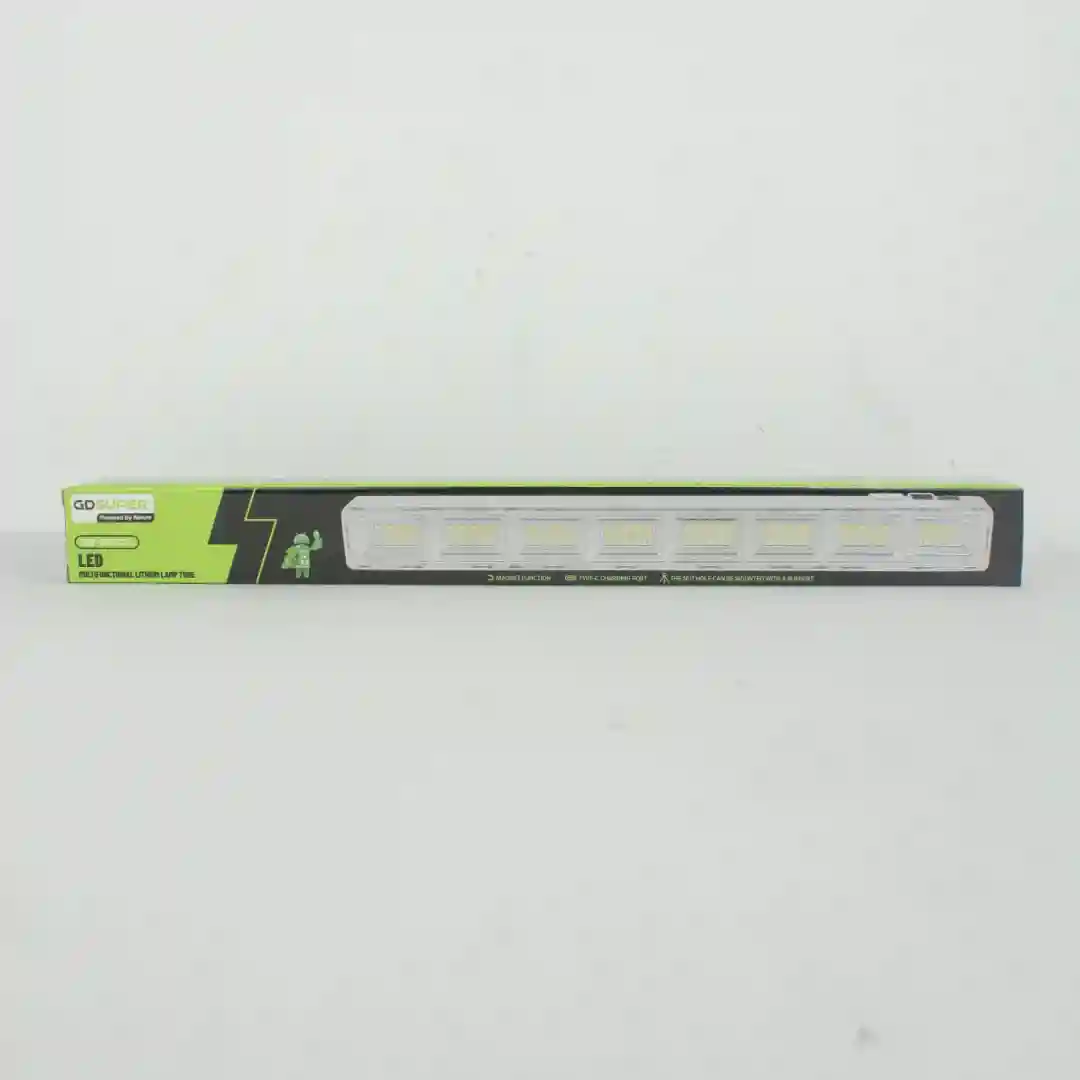 Pack rectangular de lámpara de emergencia Power Bank Gdsuper en caja verde y negra, mostrando la unidad con luces LED visibles.