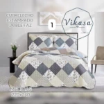 Colcha Vikasa cama doble, diseño patchwork en tonos grises y beige con estampados florales y geométricos, medidas 220x240 cm.