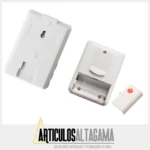 Timbre inalámbrico blanco con sensor de movimiento infrarrojo, incluye receptor y sensor separado, diseño compacto para montaje en pared.
