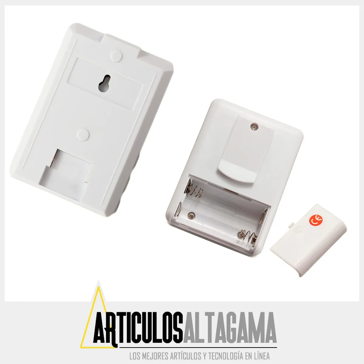 Timbre inalámbrico blanco con sensor de movimiento infrarrojo, incluye receptor y sensor separado, diseño compacto para montaje en pared.