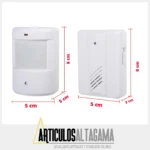 Timbre inalámbrico blanco con sensor de movimiento infrarrojo, dimensiones 8x5 cm, incluye receptor y sensor con medidas visibles.