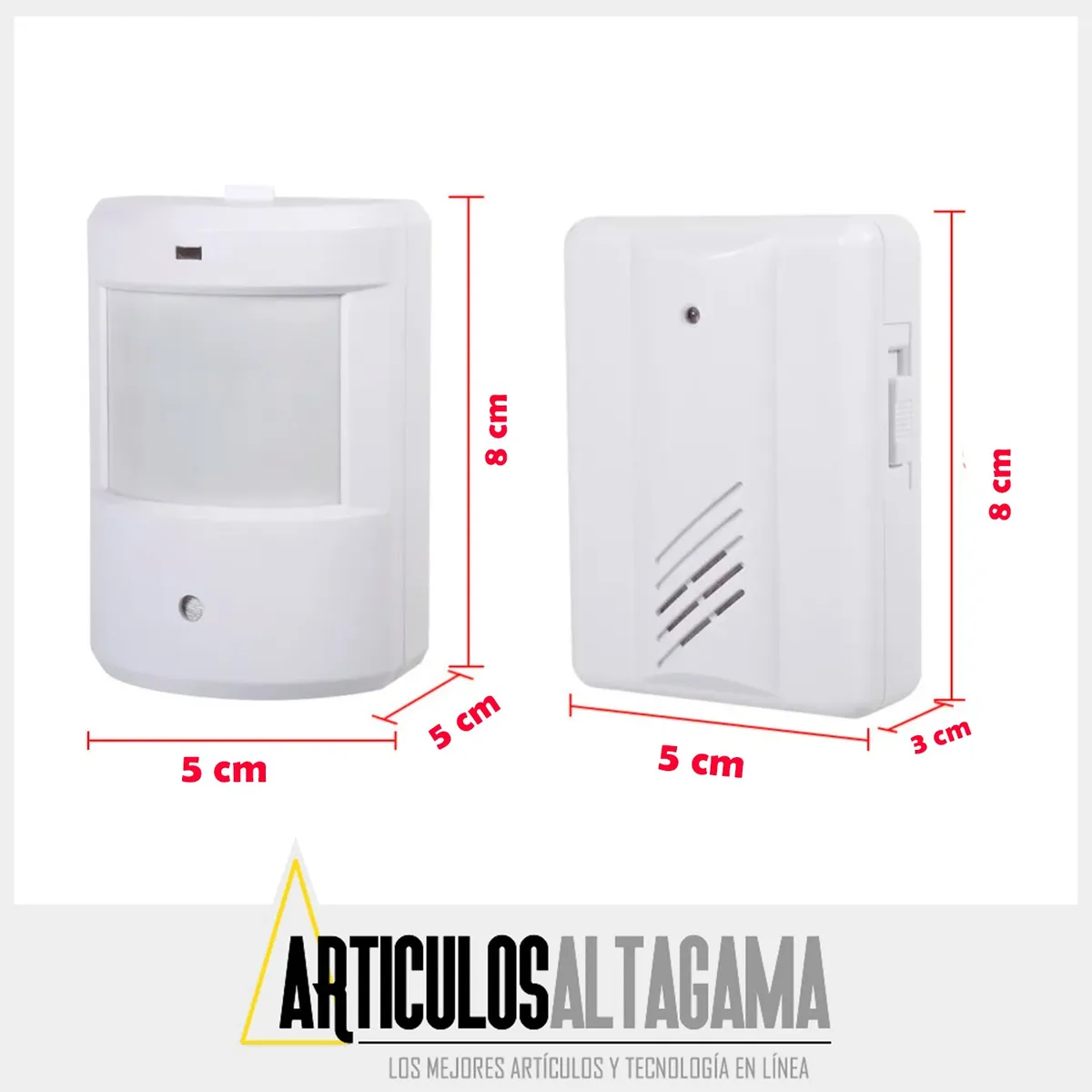 Timbre inalámbrico blanco con sensor de movimiento infrarrojo, dimensiones 8x5 cm, incluye receptor y sensor con medidas visibles.
