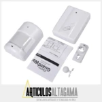 Kit de timbre inalámbrico blanco con sensor de movimiento infrarrojo, receptor, sensor PIR, base de montaje, tornillos y manual de instrucciones.