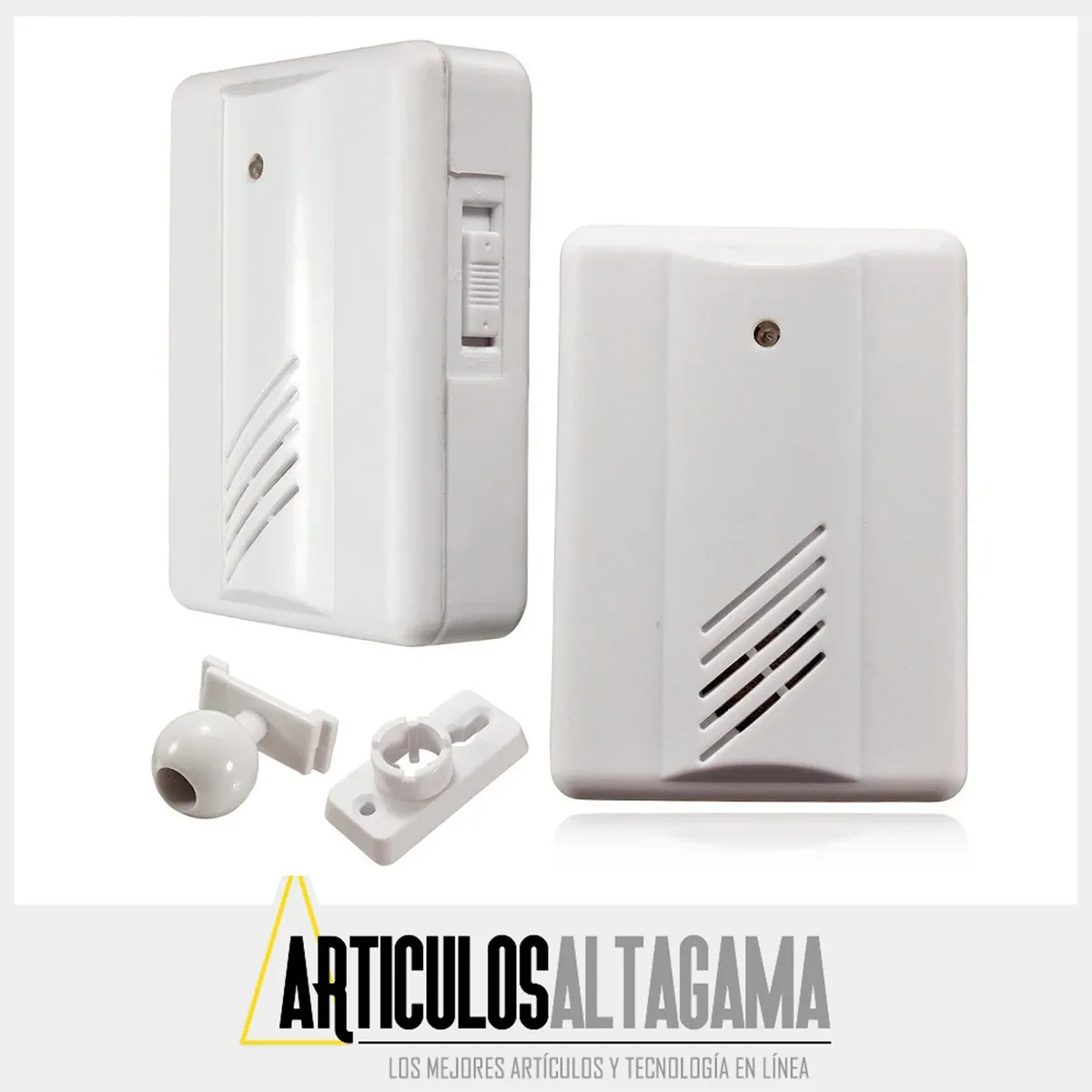 Timbre inalámbrico blanco con sensor de movimiento infrarrojo, incluye receptor y accesorios de montaje.