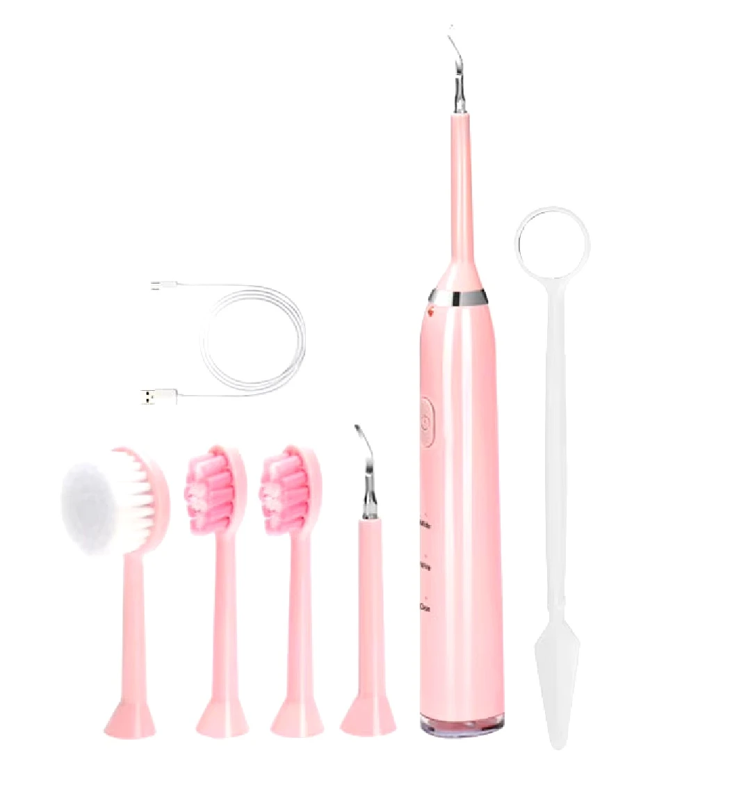 Kit de limpieza dental sónico en color rosa con cabezales intercambiables, cable de carga y espátula para uso en casa.