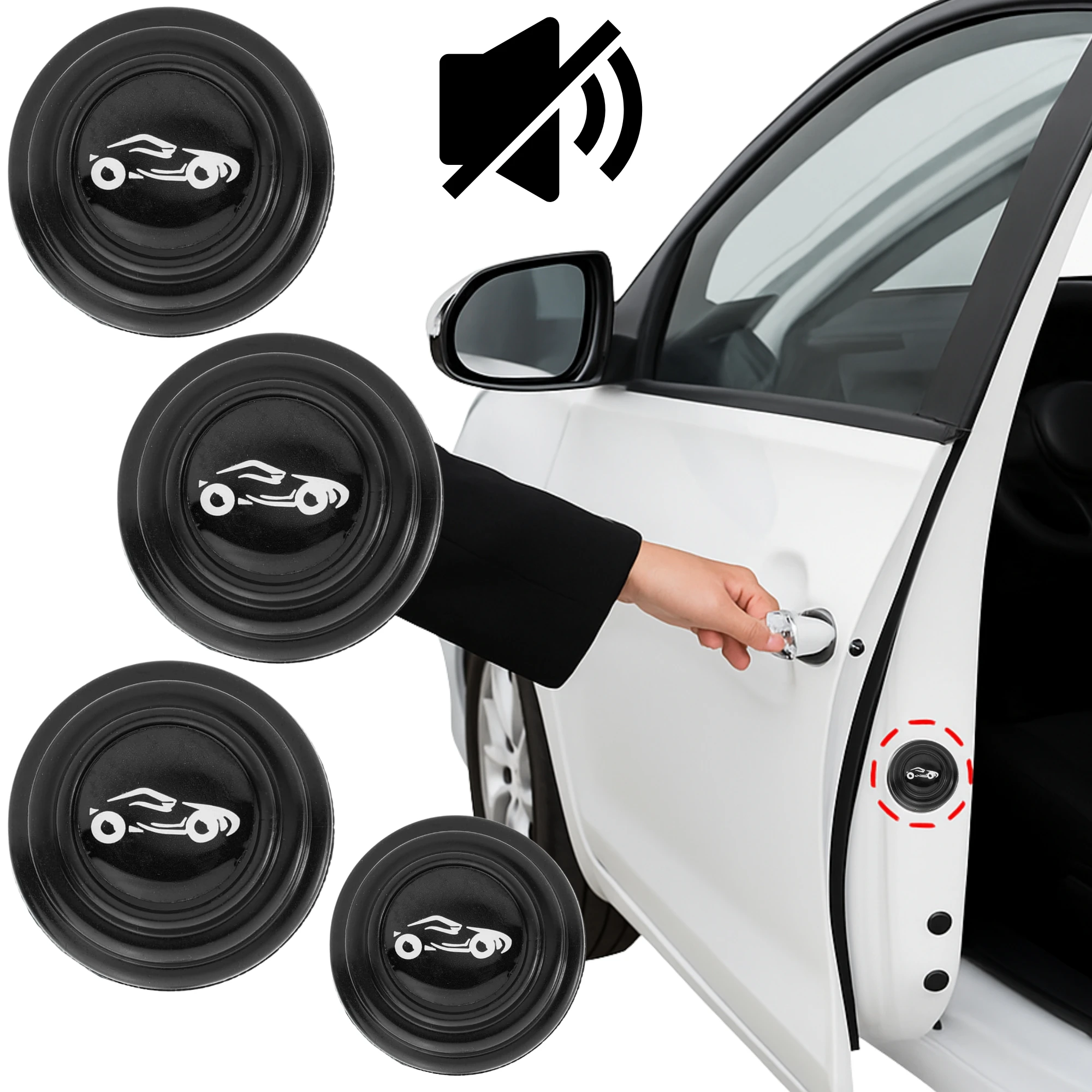 Cuatro topes de silicona negros con diseño de auto, instalados en la bisagra de puerta de vehículo blanco para evitar ruidos y proteger la pintura.