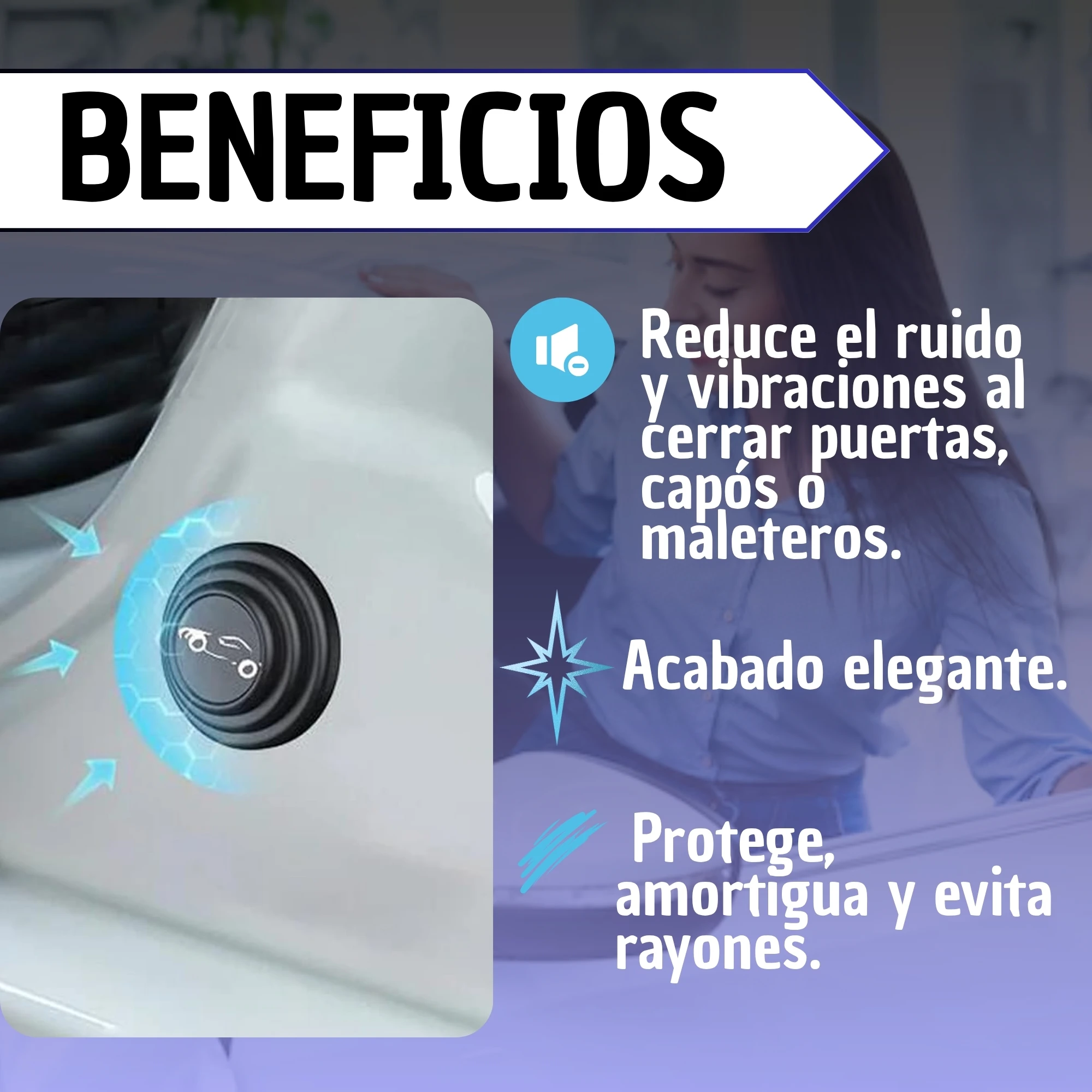 Topes de silicona negros para puerta de auto, instalados en panel blanco, con de reducción de ruido y vibraciones al cerrar.