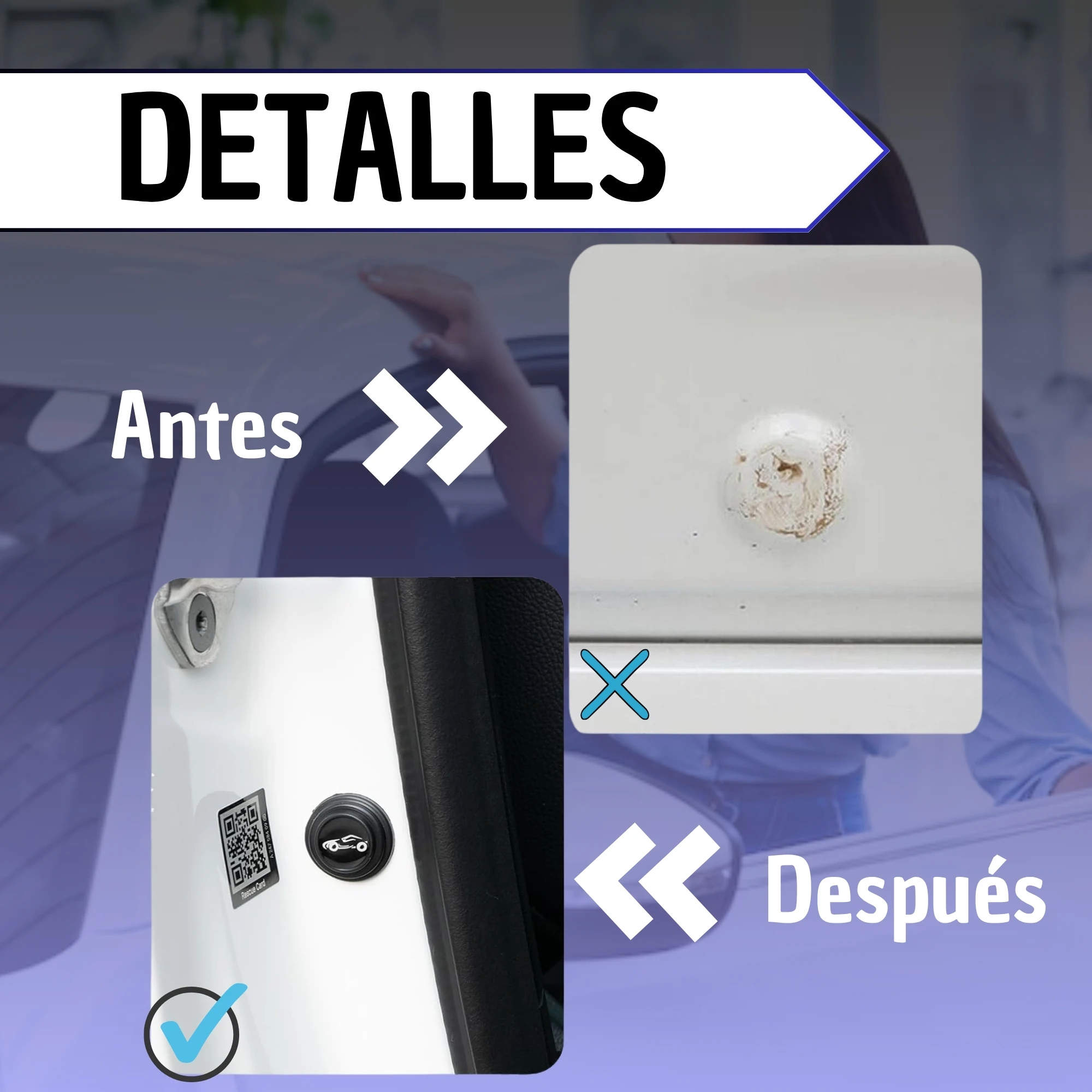 Comparación de topes de silicona para puerta de auto: antes y después de la instalación, mostrando protección contra rayones y reducción de ruido al cerrar.