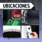 Cuatro topes de silicona negros para puertas de auto, mostrando su instalación en diferentes ángulos y colores de carrocería.