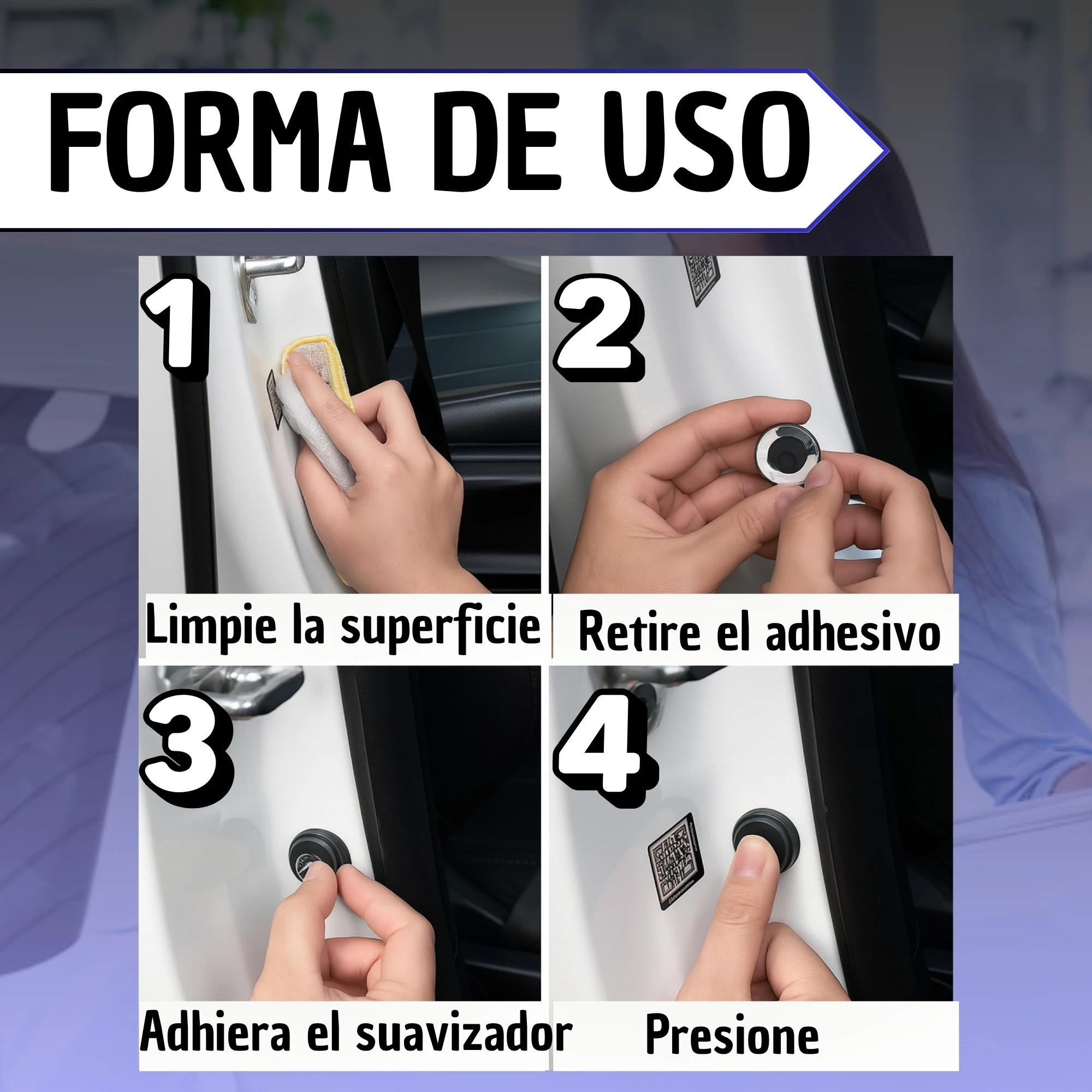 Guía de instalación de tope de silicona para puerta de auto: limpieza, retiro de adhesivo, colocación y presión.