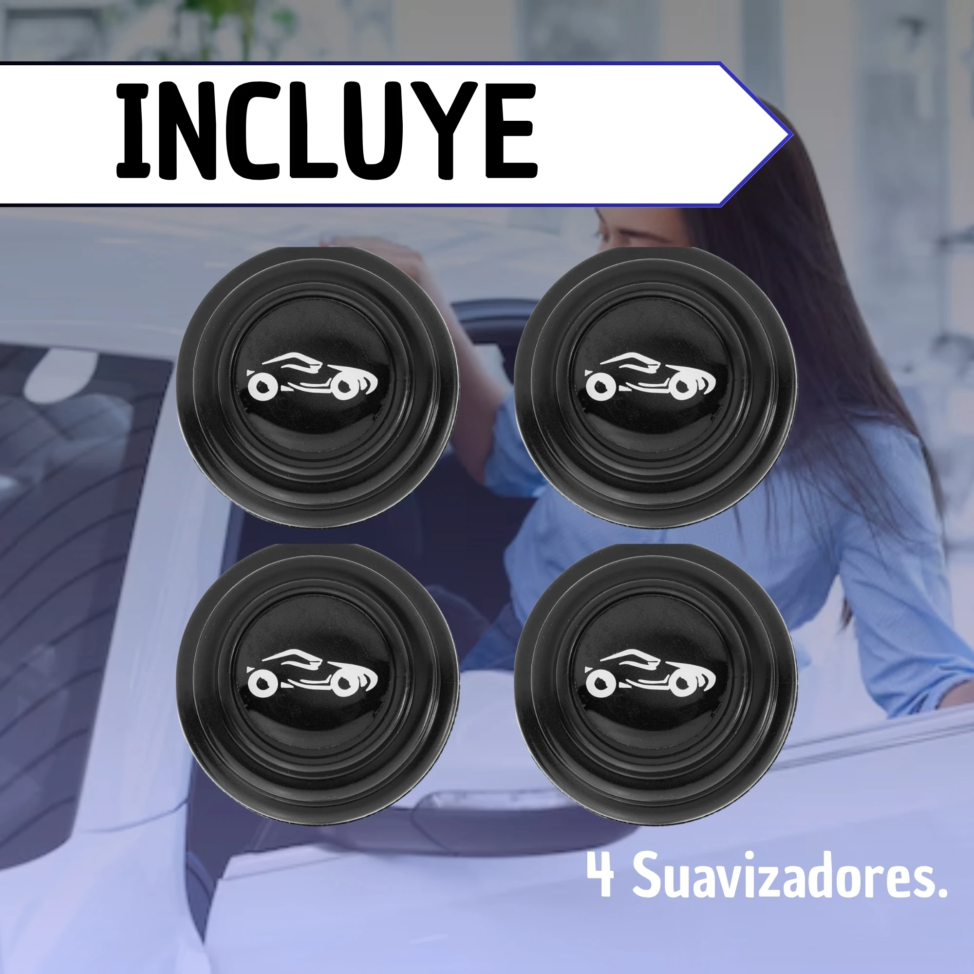 Set de cuatro topes de silicona negros con diseño de auto, para puertas de vehículo, protegen la pintura y reducen el ruido al cerrar.