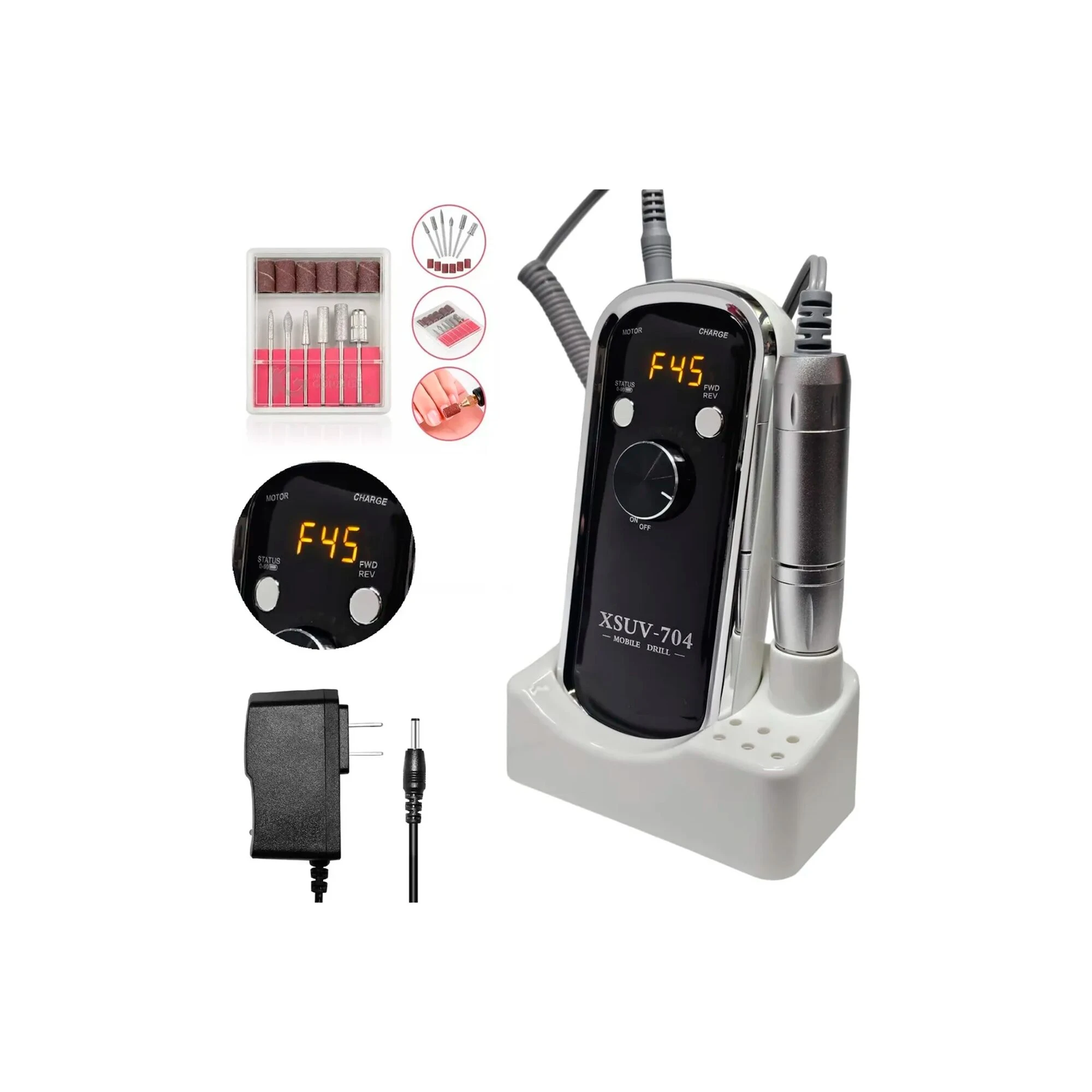 Drill pulidor XSUV-710 negro con base blanca, pantalla digital F45, accesorios incluidos y cargador.
