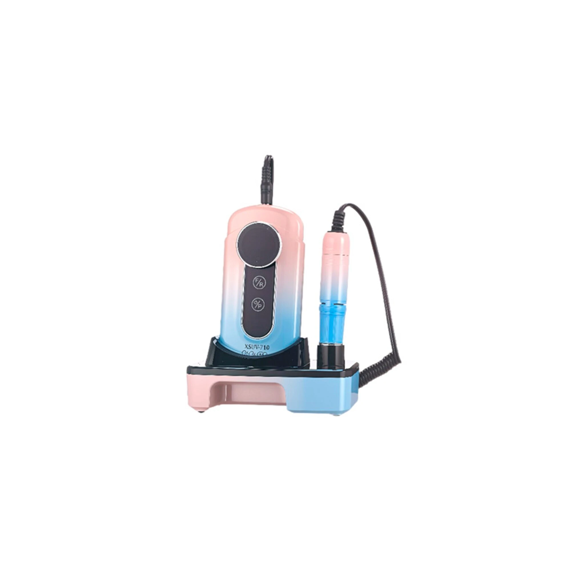 Drill pulidor XSUV-710 en color rosa y azul, con base de carga y cabezal conectado, listo para uso en manicura.