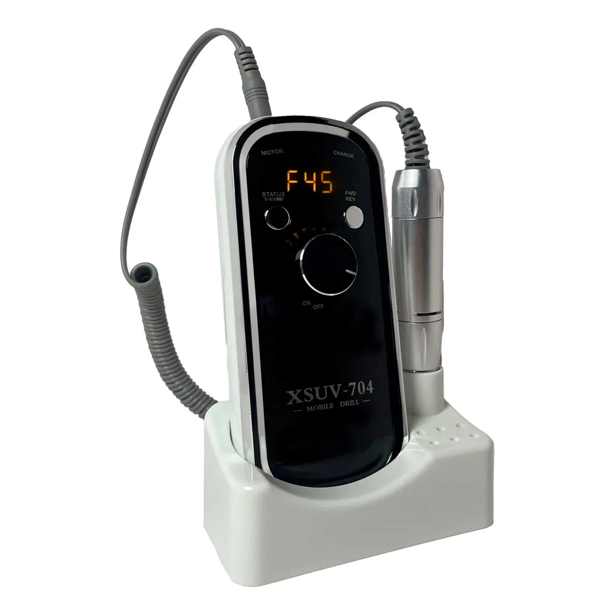 Drill pulidor XSUV-710 en base blanca, con pantalla digital mostrando F45, mango metálico y cable enrollado, listo para uso profesional en manicura.