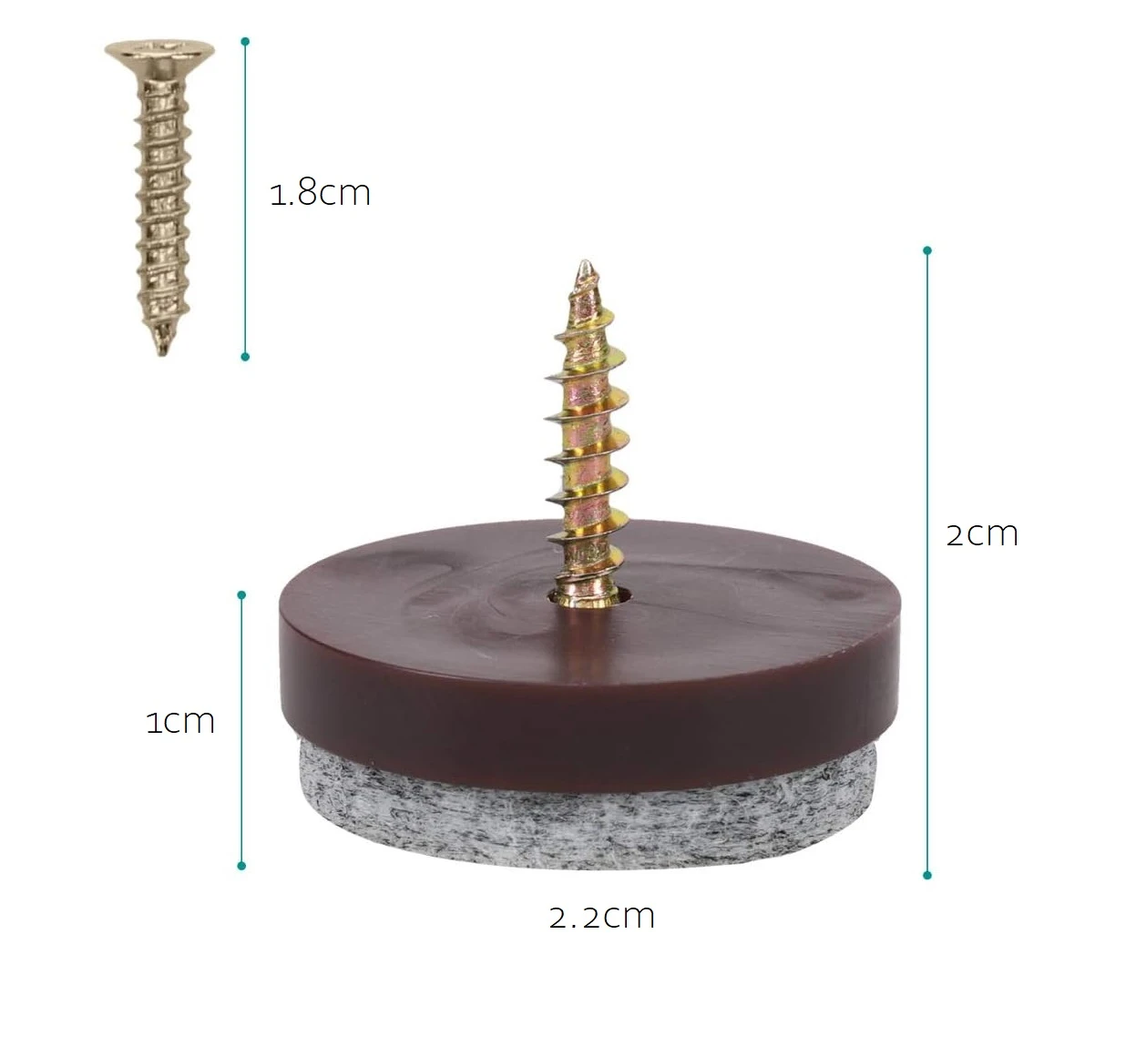 Almohadilla antideslizante con tornillo dorado, base de goma marrón y espuma gris, medidas 2,2 cm de diámetro y 2 cm de altura.