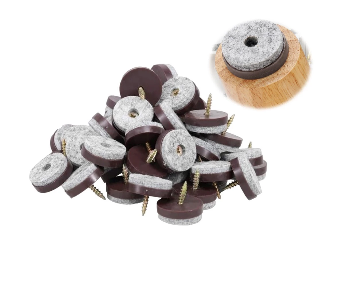 Almohadilla antideslizante con tornillo, base de madera y centro de fieltro gris, ideal para proteger pisos y reducir ruido al mover muebles.