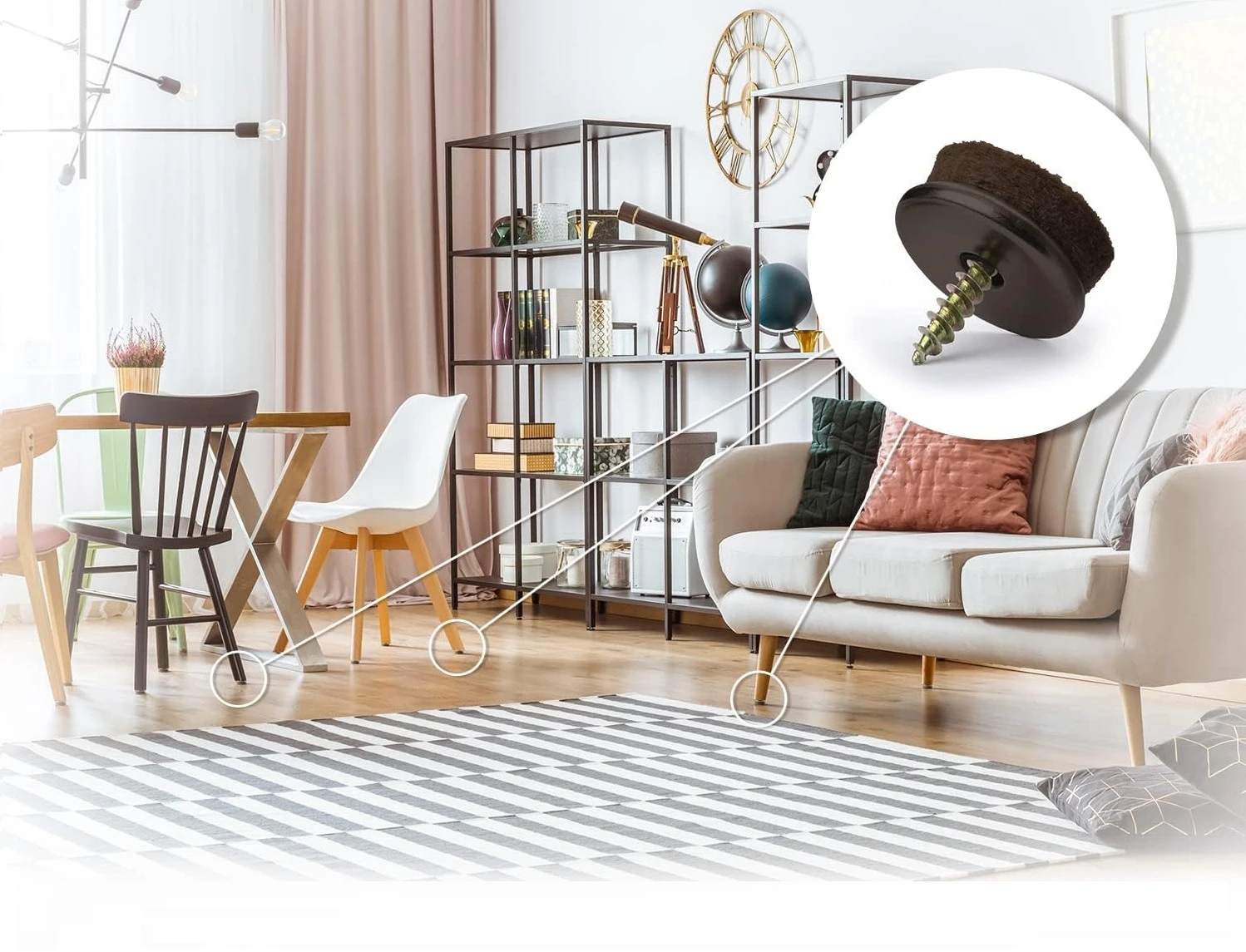 Almohadilla antideslizante con tornillo para muebles, vista de detalle del accesorio de fijación y aplicación en silla y sofá en sala moderna.