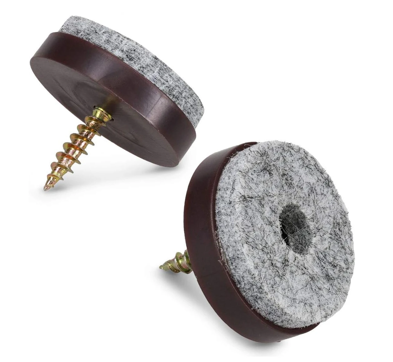 Dos almohadillas antideslizantes con tornillo para muebles, una vista frontal y otra lateral, mostrando su base de goma oscura, tapete gris texturizado y tornillo dorado.