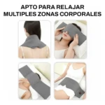 Masajeador eléctrico de calor terapéutico en color gris, mostrando su uso en cuello, ojos, espalda y abdomen.