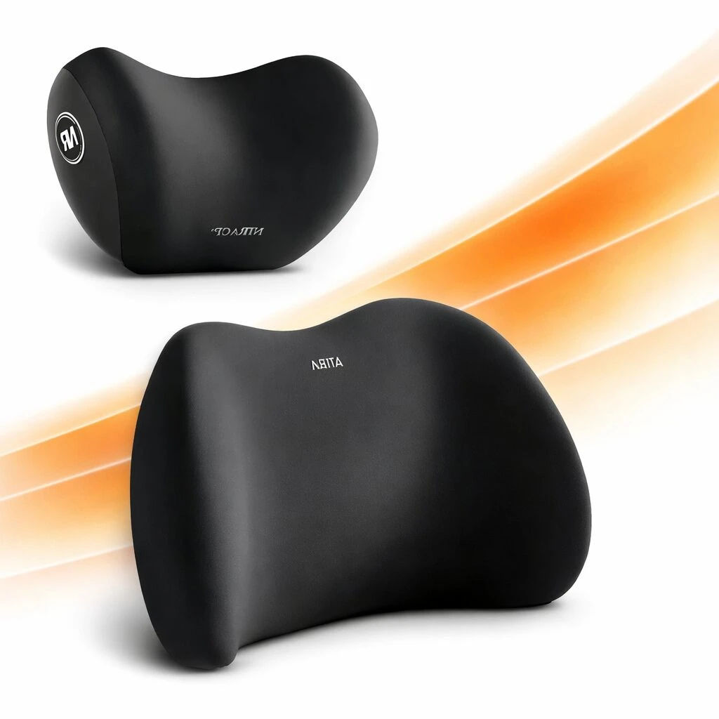 Dos cojines cervicales negros de memory foam, uno visto de frente y otro en ángulo superior, con logotipo visible y diseño ergonómico para soporte de cuello y espalda.