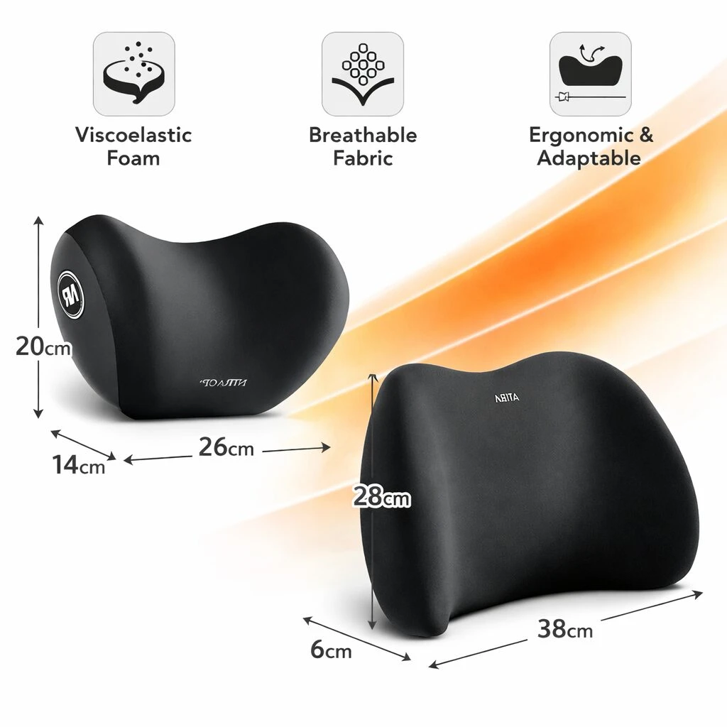 Cojín cervical negro de espuma viscoelástica con medidas 28x38x6 cm, diseño ergonómico y tela transpirable para alivio de cuello y espalda.