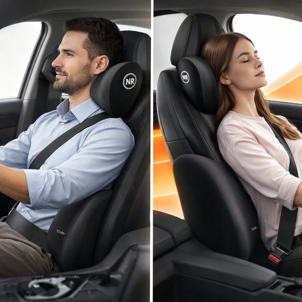 Dos cojines cervicales de memory foam en uso, uno por hombre y otro por mujer, ambos con logotipo NR visible en la parte trasera, montados en asientos de coche negro.