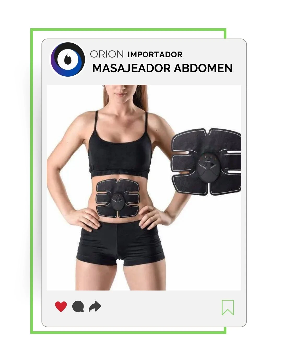 Masajeador abdominal Orion negro con diseño ergonómico, mostrado en modelo femenina usando el dispositivo en la zona abdominal, junto a vista frontal del producto.