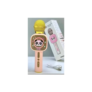 Micrófono karaoke infantil rosa con pantalla LED y diseño de panda, acompañado de su caja y cable de carga.