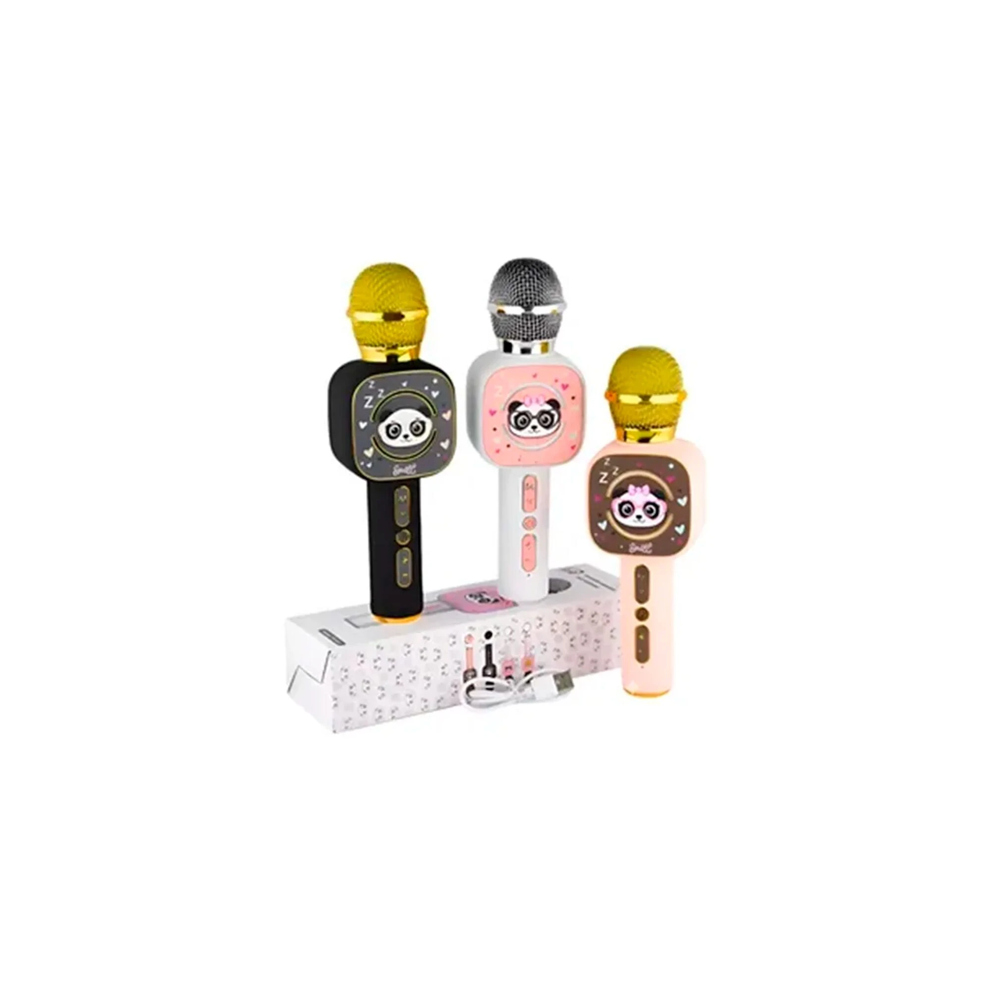Tres micrófonos karaoke para niños con diseño de panda en colores negro, rosa y beige, montados sobre su caja de presentación.