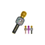 Micrófono karaoke para niños modelo X7 en color negro con detalles dorados y pantalla LED con panda, acompañado de tres versiones adicionales en rosa, morado y gris.