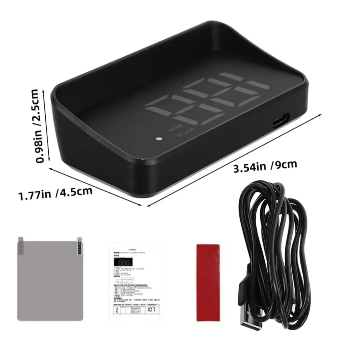 Velocímetro proyector negro con pantalla LED, dimensiones 3.54 x 1.77 pulgadas, incluye cable USB, batería y adhesivo rojo.