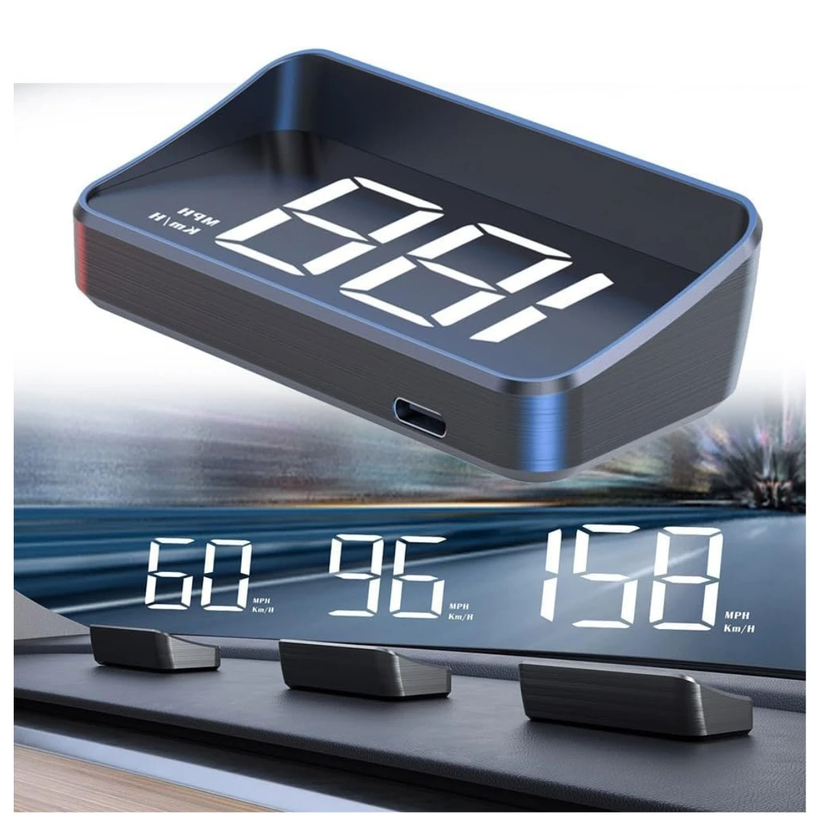 Velocímetro proyector negro con pantalla LED digital, mostrando números grandes en blanco sobre fondo oscuro, diseñado para montaje en parabrisas.